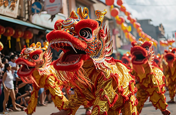 Défilé de dragons dans la rue pour le nouvel an chinois